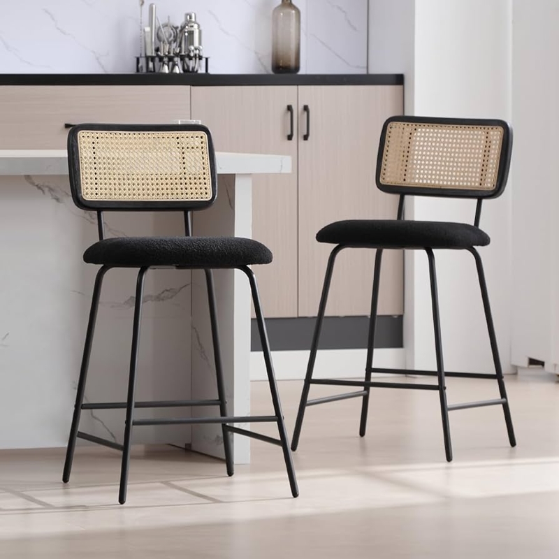 Bar Stools featuring Black Boucle Seat and Cane Backrest, Modern Style