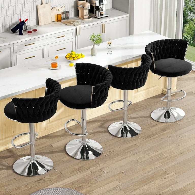 Bar Stools featuring Black Velvet Upholstery and Woven Backrest Detail