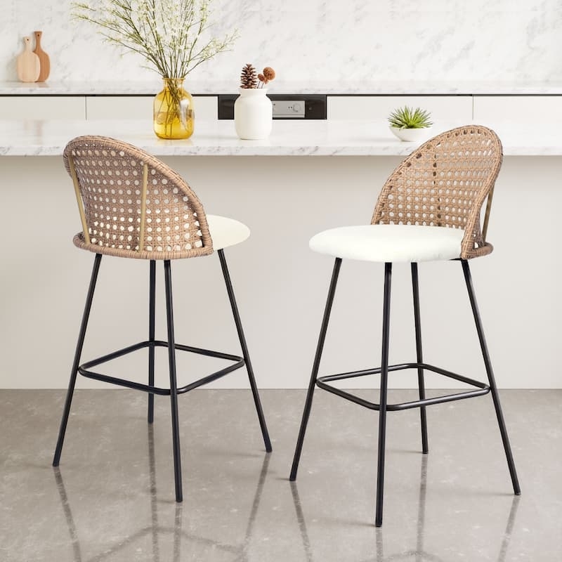 Bar Stools featuring Curved Rattan Back and White Upholstered Seat