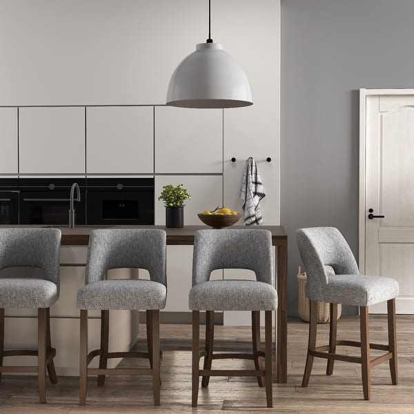 Bar Stools featuring Cutout Back, Heathered Gray Fabric and Wood Legs