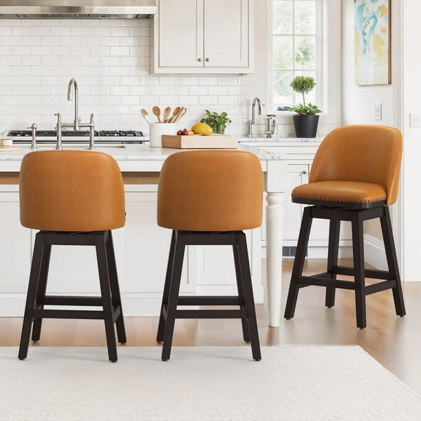 Bar Stools featuring Whiskey Brown Leather-Like Seat and Nailhead Trim