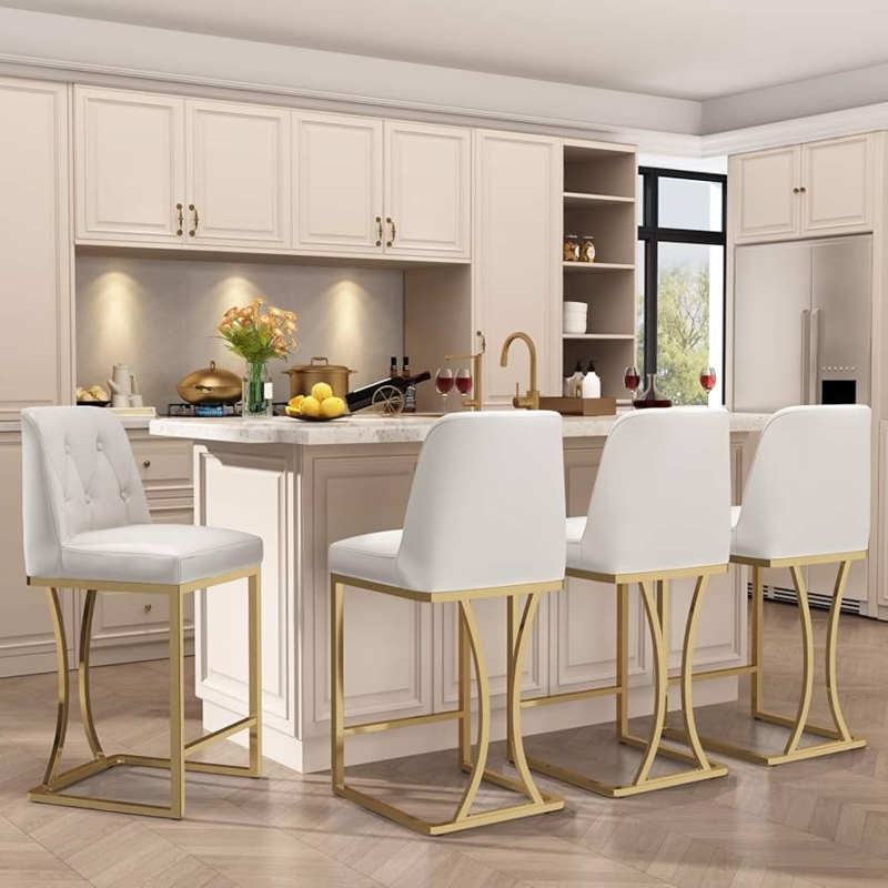 Bar Stools featuring White Leather-Like Seat and Polished Gold Sled Base