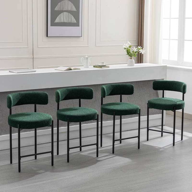 Bar Stools Forest Green Boucle Curved Open Back Black Metal Frame