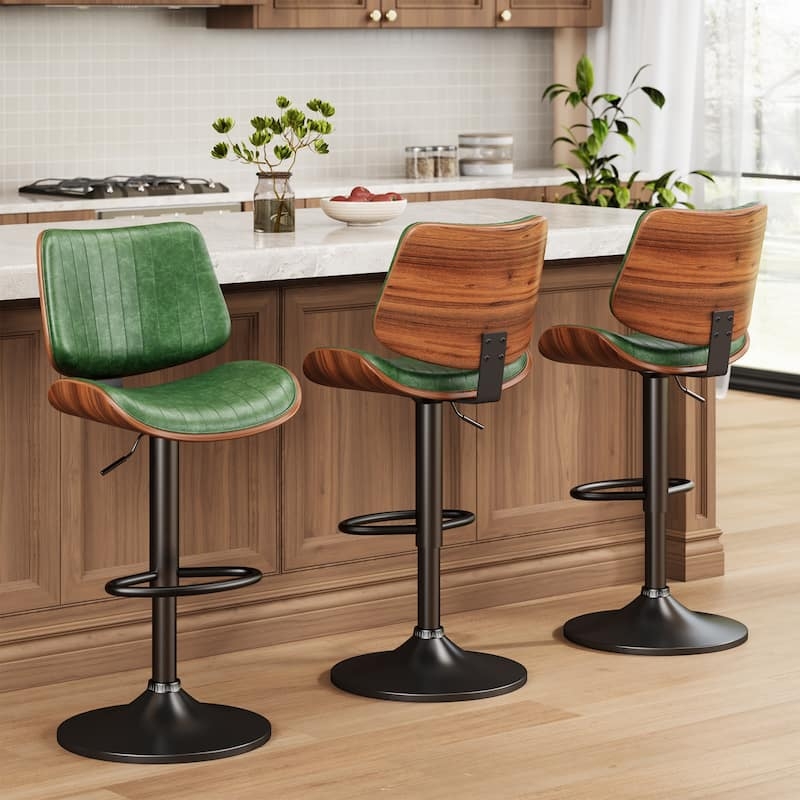 Bar Stools Forest Green Ribbed Upholstery Wood Back Swivel