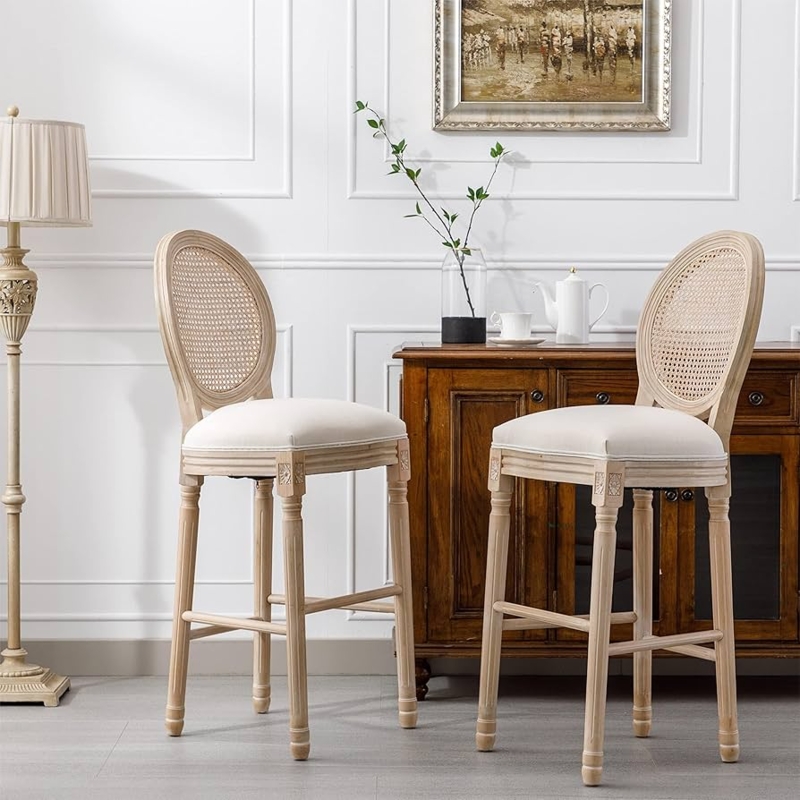 Bar Stools French Country Oval Cane Back Fluted Legs Beige