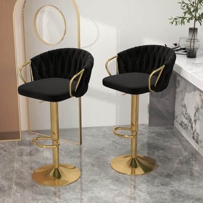 Bar Stools Glam Black And Gold Ribbed Velvet Adjustable Pedestal Base
