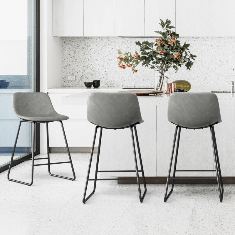 Bar Stools Gray Faux Leather Black Sled Frame Minimalist Kitchen