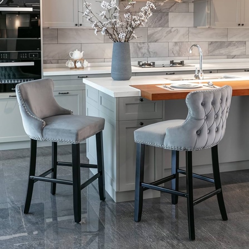 Bar Stools Gray Velvet Tufted Wingback Nailhead Trim for Kitchen Island