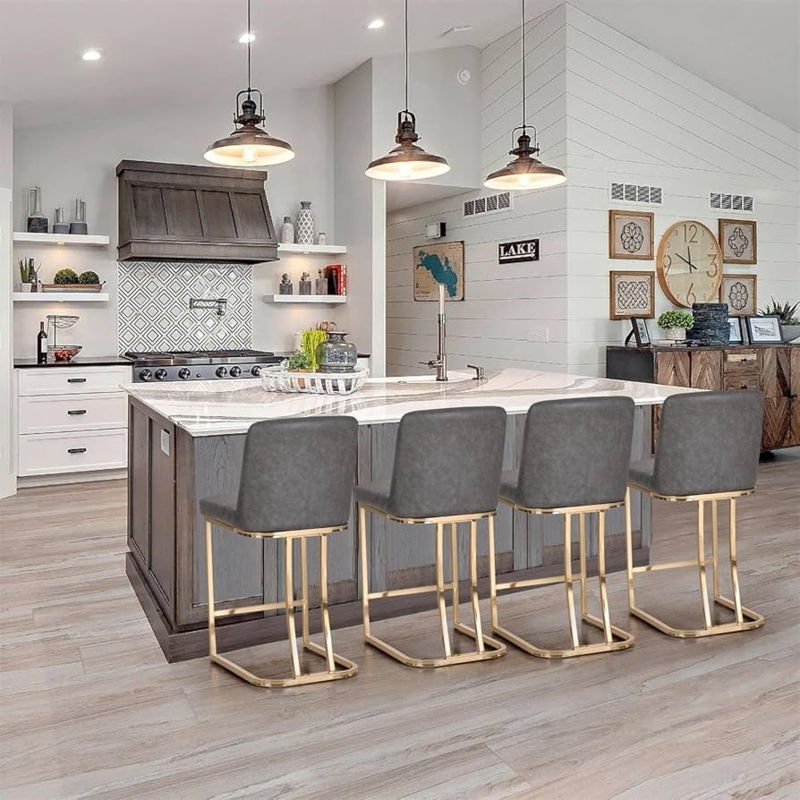 Bar Stools: Grey Faux Leather on Gold Sled Base for Modern Kitchen