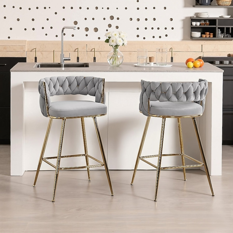 Bar Stools Grey Velvet Braided Back Polished Gold Metal Legs Glam Set