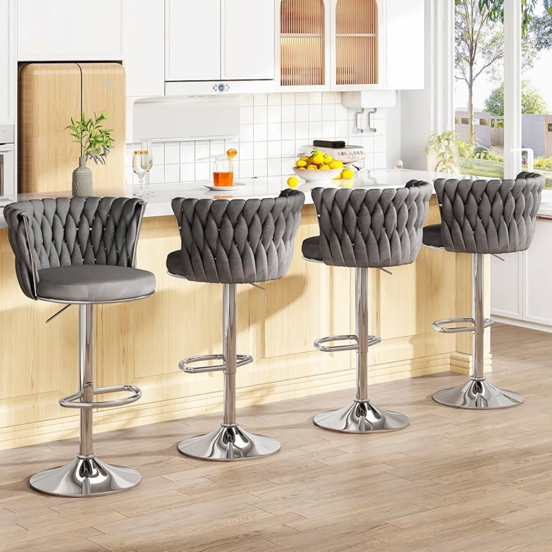 Bar Stools Grey Velvet Braided Woven Back Polished Chrome