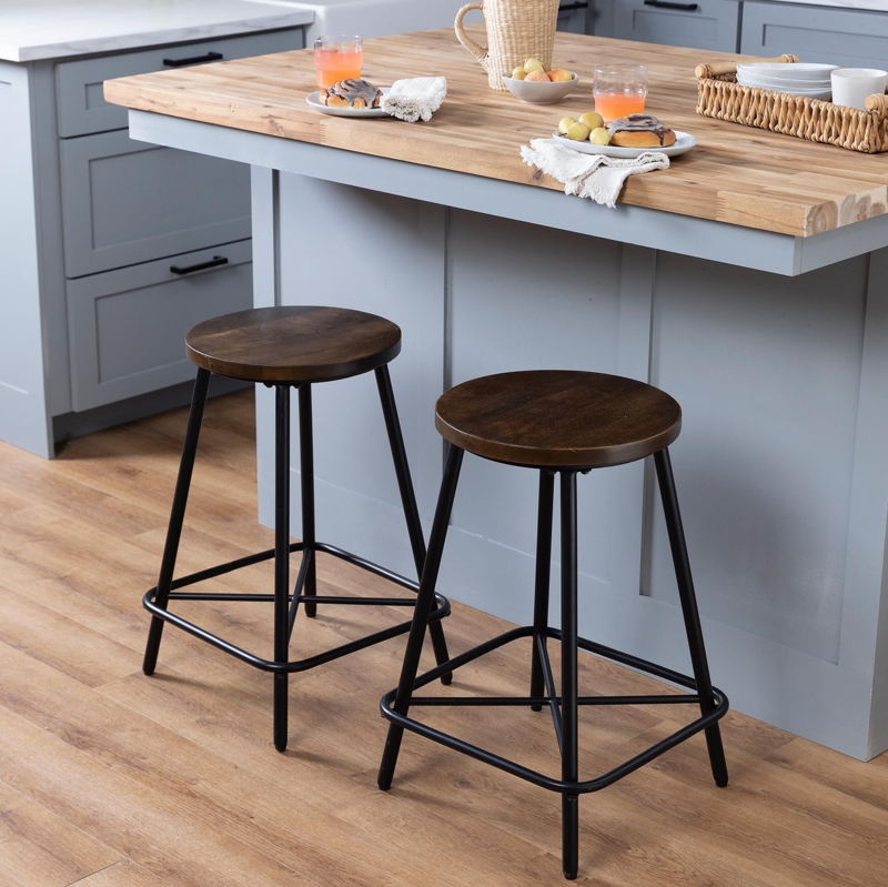 Bar Stools Industrial Backless Round Wood Seat Black Metal Tripod Legs