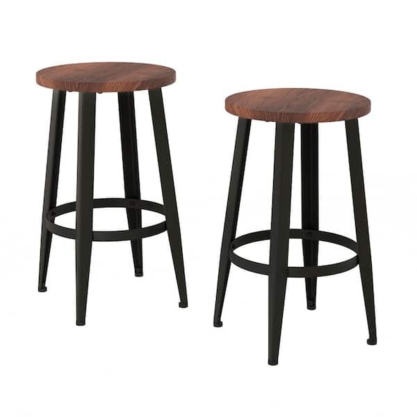 Bar Stools Industrial Backless Silhouette Circular Footrest Wood Seat
