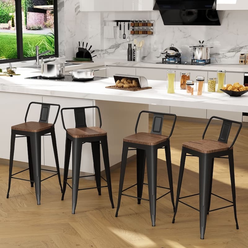 Bar Stools Industrial Black Metal Frame Wood Square Seat Low Back