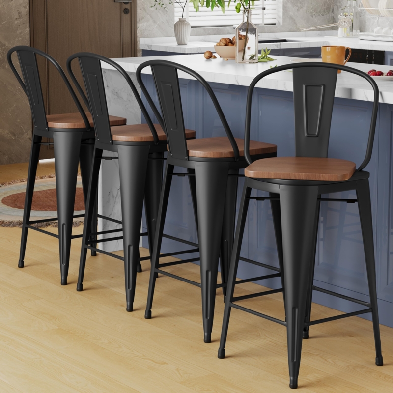 Bar Stools Industrial Matte Black Metal High Slat Back Wood Seat Set