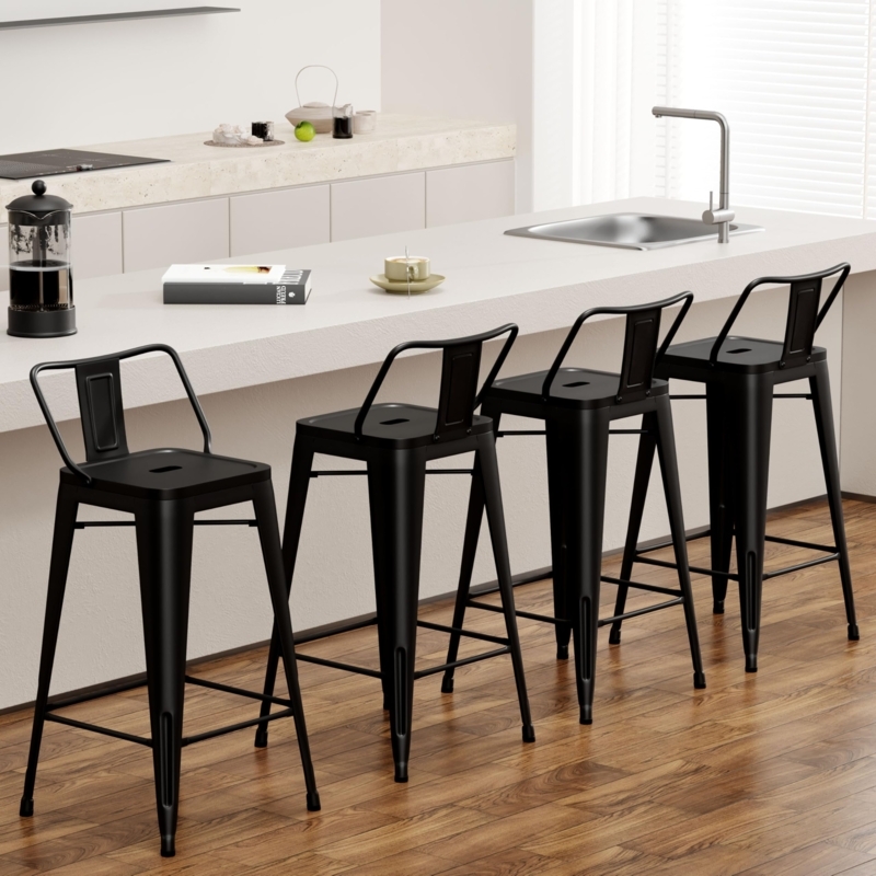 Bar Stools Industrial Matte Black Metal Open Back Minimalist