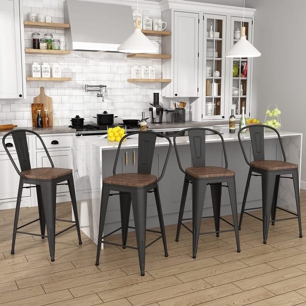 Bar Stools Industrial Metal Black Frame Wood Seat Tapered Legs