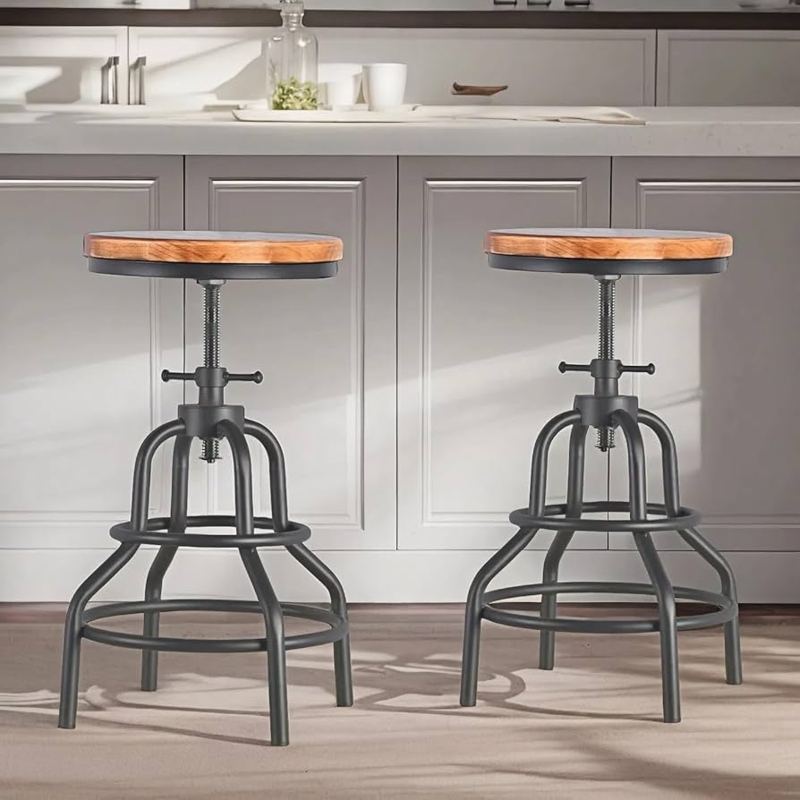 Bar Stools Industrial Vintage Wood Seat Metal Screw Base