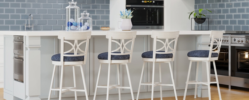 Bar Stools Lattice Back Navy Blue Upholstery Swivel Seat White
