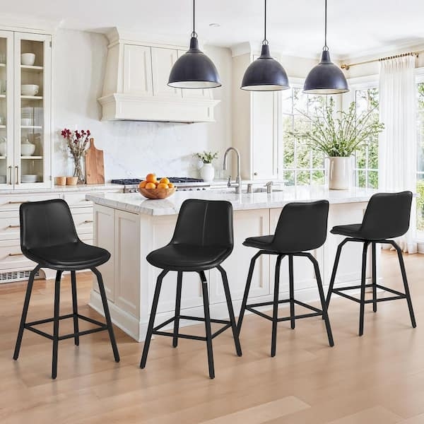 Bar Stools Low Back Swivel Black Metal Frame Upholstered