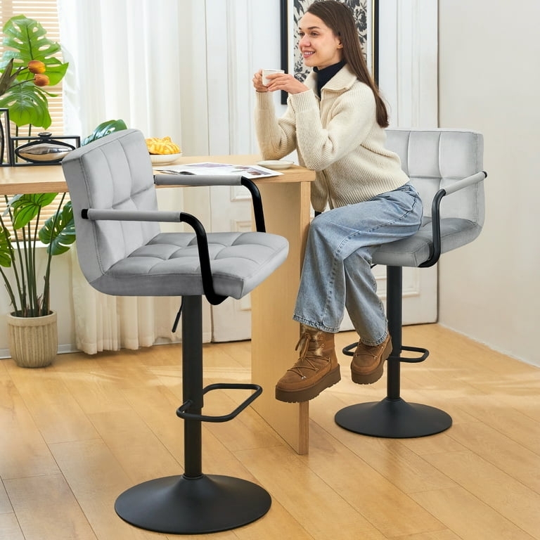 Bar Stools Matte Black Pedestal Grey Quilted Velvet Arms