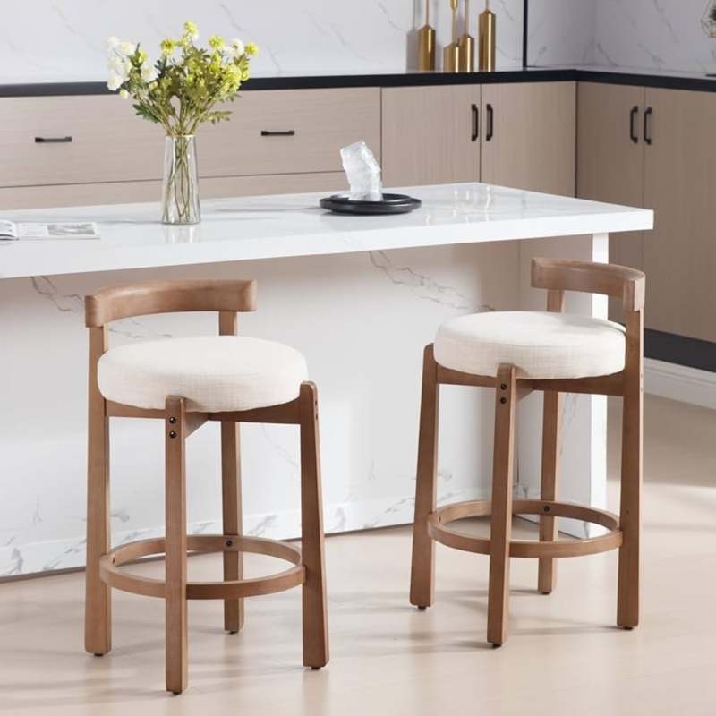 Bar Stools Mid-Century Wood Frame Beige Linen Look Seat