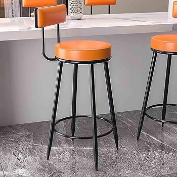 Bar Stools, Minimalist Backrest, Black Metal Frame, Orange