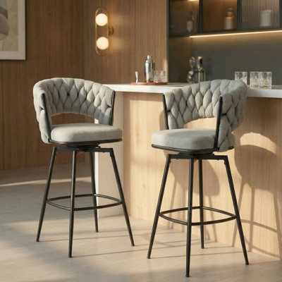 Bar Stools Modern Grey Woven Backrest Braided Texture Swivel Base