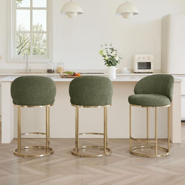 Bar Stools Moss Green Wraparound Silhouette Gold Tubular Frame Glam