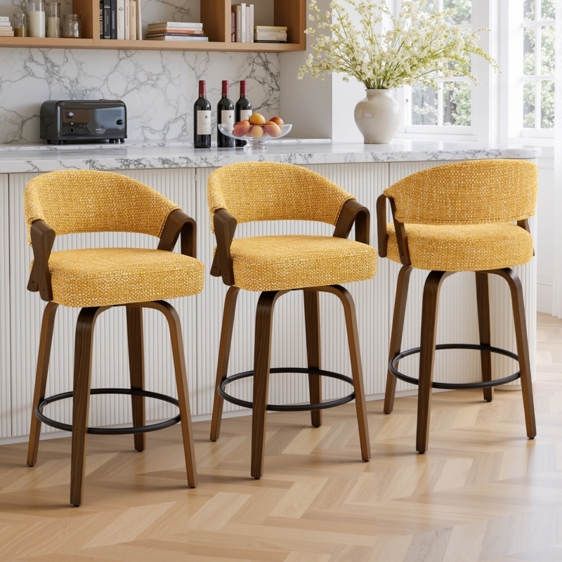 Bar Stools Mustard Yellow Boucle Curved Back Swivel Mid-Century