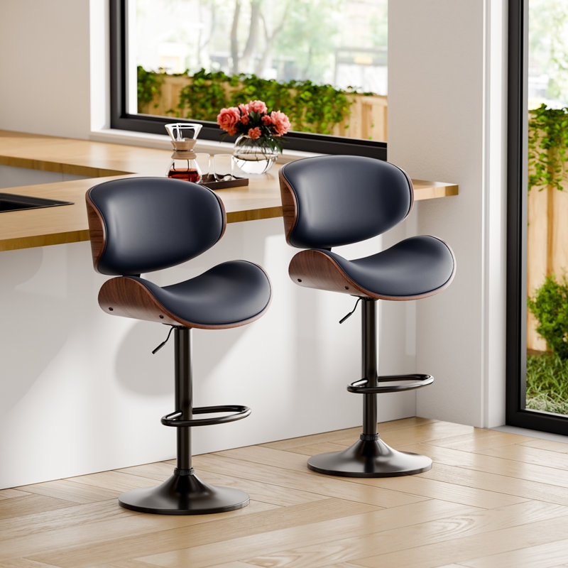 Bar Stools Navy Blue Faux Leather Walnut Bentwood Swivel