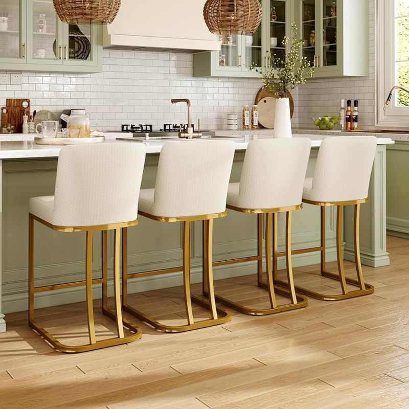 Bar Stools: Off-White Upholstery on Gold Sled Base for Island