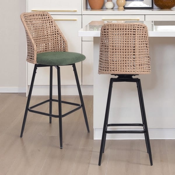 Bar Stools Olive Green Cushion Swivel Woven Back Modern Boho