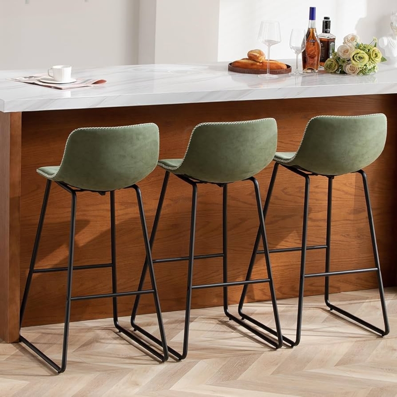 Bar Stools Olive Green Leather-Like Whipstitch Edge Black Sled Legs