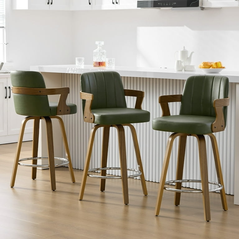 Bar Stools Olive Green Ribbed Back Wood Arms Swivel Mid-Century