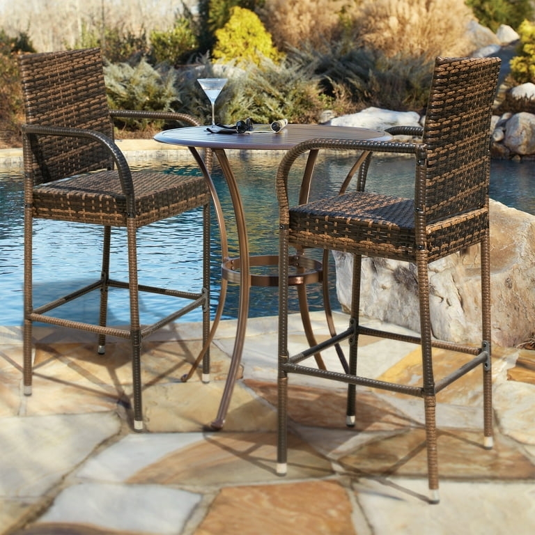 Bar Stools Outdoor Woven Wicker Brown with Arms Poolside Set