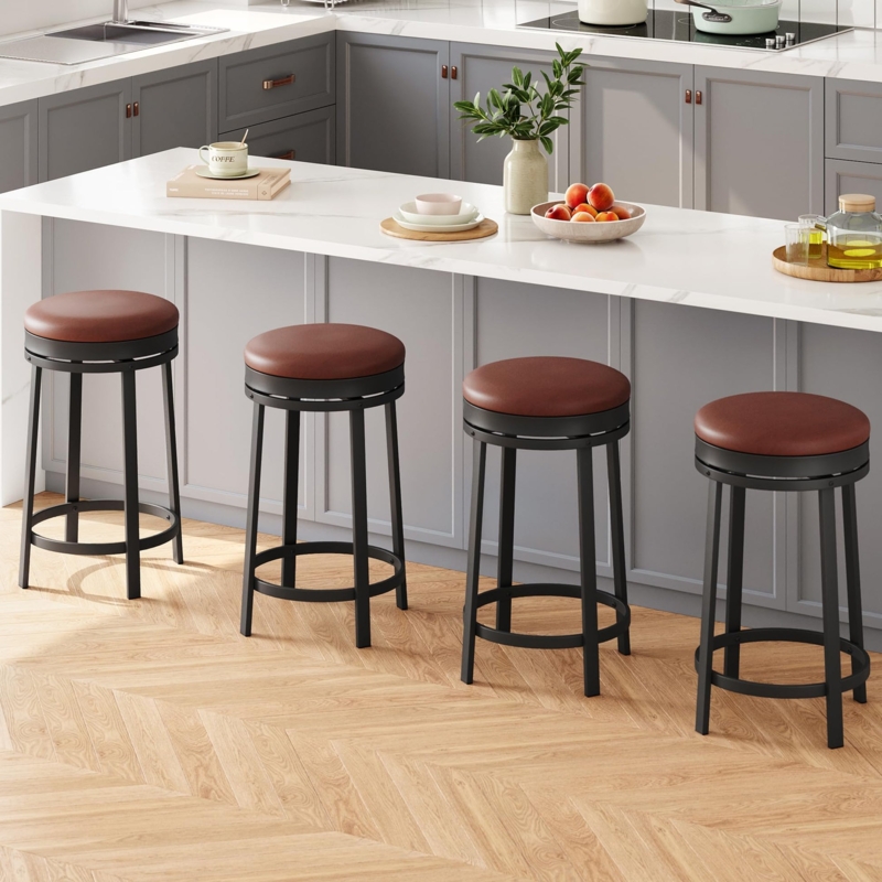 Bar Stools Reddish-Brown Backless Swivel Round Seat Industrial