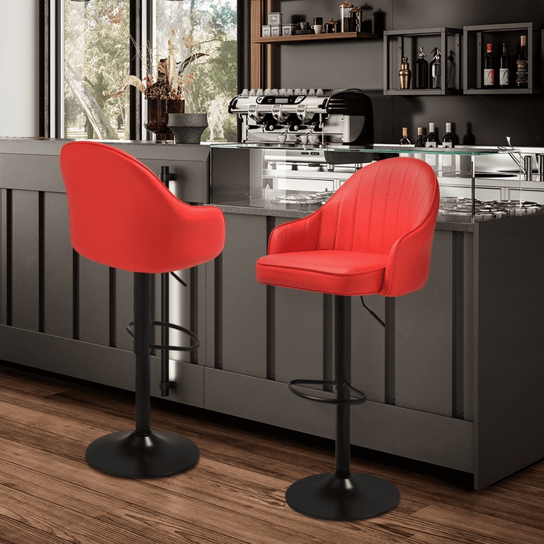 Bar Stools Ribbed Backrest Pedestal Base Faux Leather Industrial