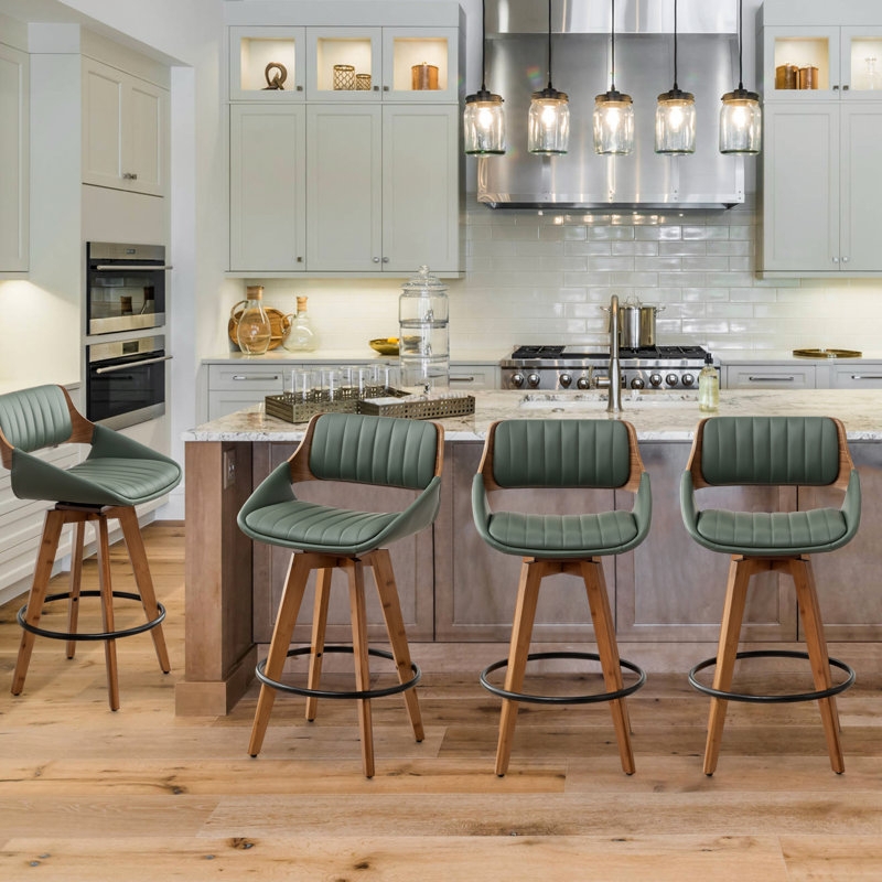Bar Stools Sage Green Ribbed Swivel Upholstered Kitchen Seating