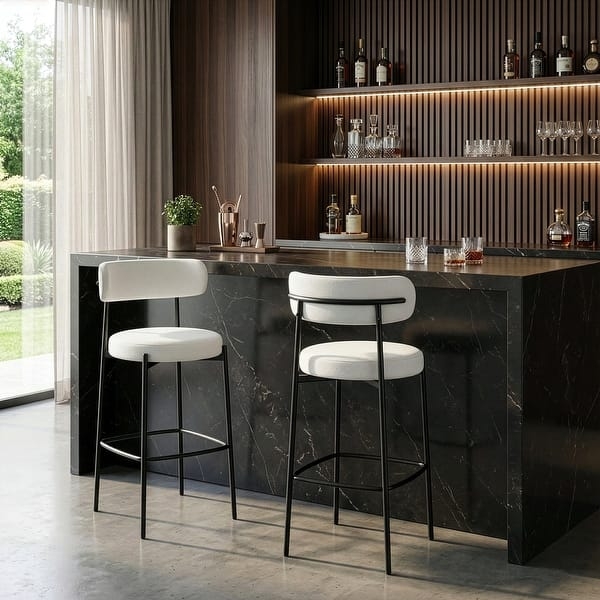 Bar Stools Set of 2 White Boucle Curved Back Black Metal Legs (68 characters)