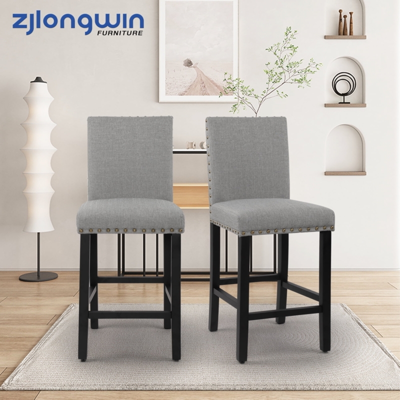 Bar Stools Set of 2 with Heathered Fabric and Nailhead Trim