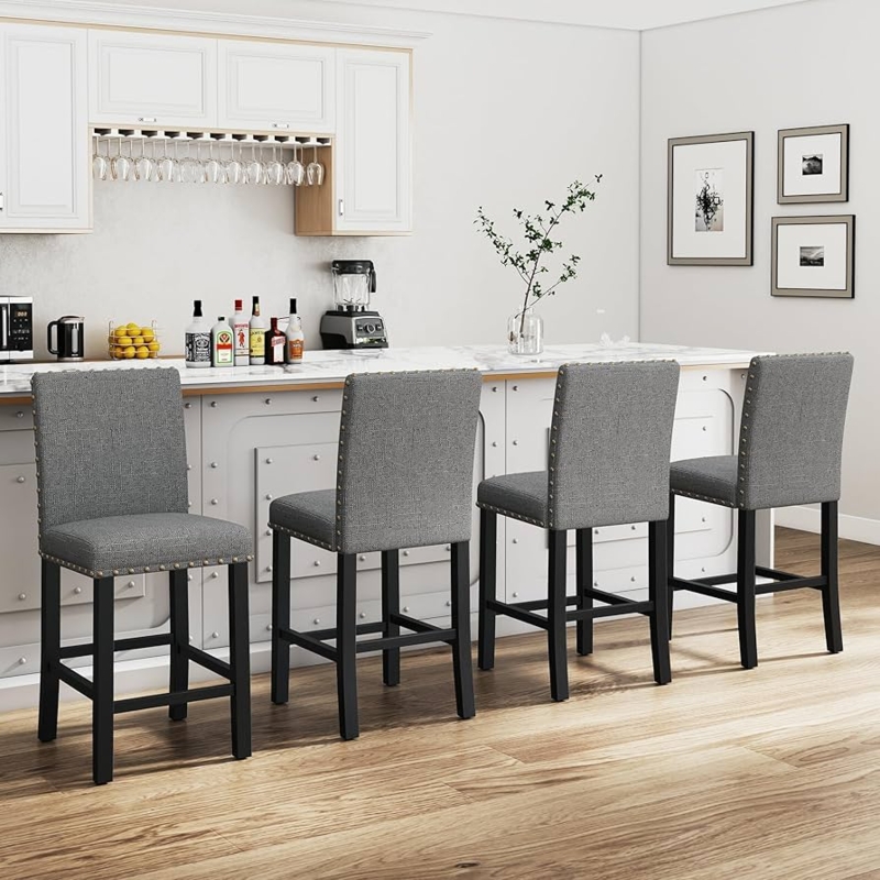Bar Stools Set of 4 Nailhead High Back Black Wood Legs Kitchen