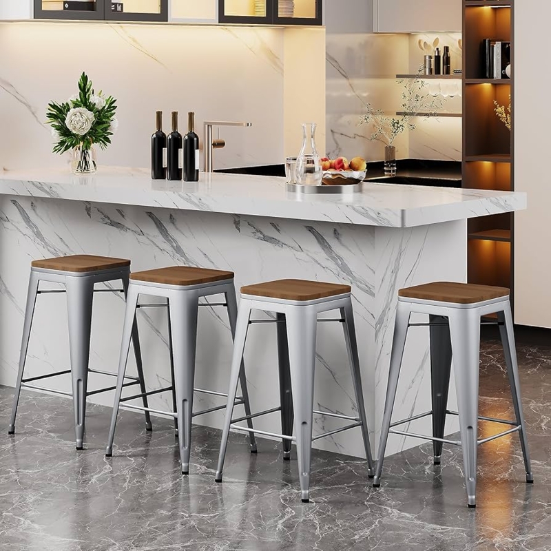 Bar Stools Silver Metal Frame Wood Top Backless Industrial Style Set