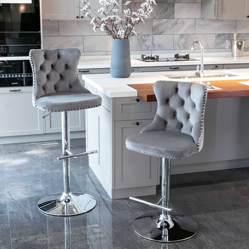 Bar Stools Swivel Gray Velvet Tufted Nailhead Chrome Pedestal