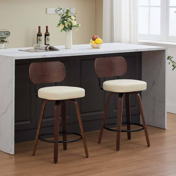 Bar Stools Swivel Mid-Century Walnut Wood Curved Back Beige Seat