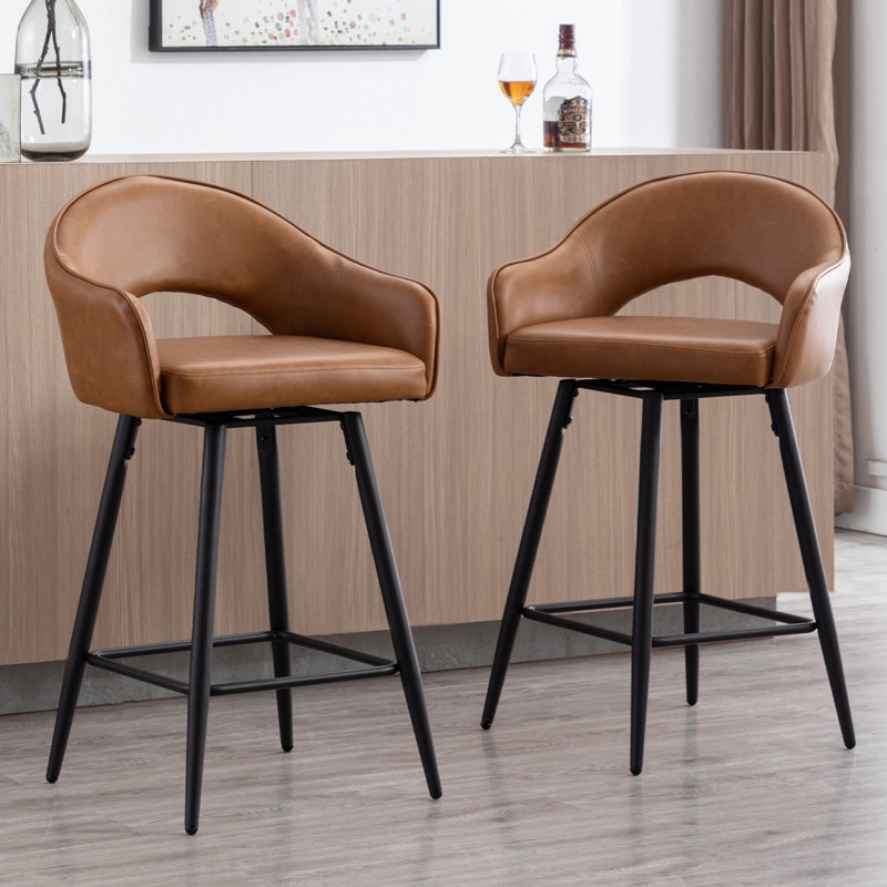 Bar Stools Tan Faux Leather Open Back Tapered Legs Swivel