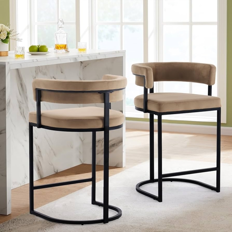 Bar Stools Tan Velvet Barrel Back with C-Shaped Black Metal Base
