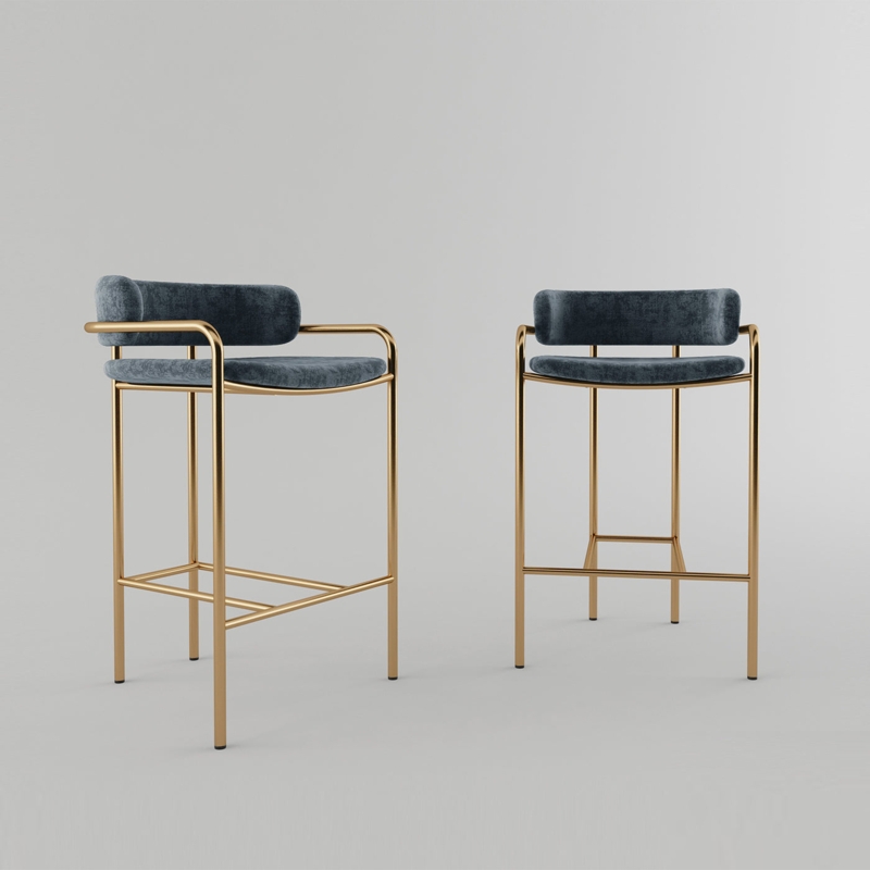 Bar Stools Velvet Like Texture Slim Legs Polished Gold Toned Finish
