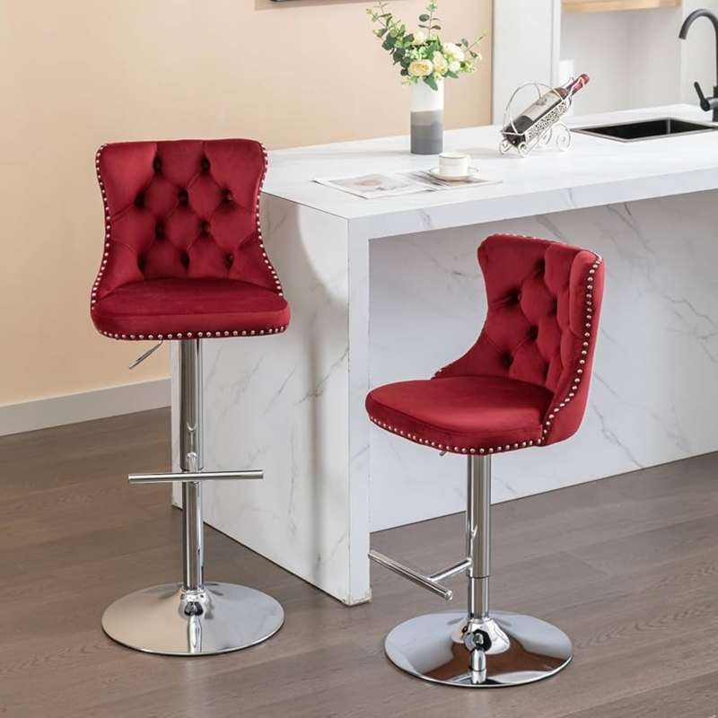 Bar Stools Velvet Tufted Backrest Nailhead Trim Glam Kitchen Island