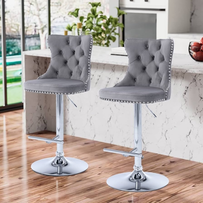 Bar Stools Velvet Tufted Silver Nailhead Adjustable Swivel Chrome Base